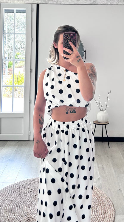 Ensemble Jupe ALYA – Blanc à Pois Noirs