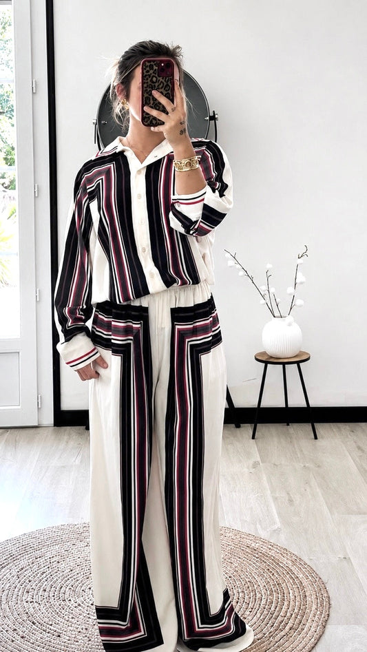 Ensemble Palazzo VALENTINA – Ivoire, Noir & Bordeaux