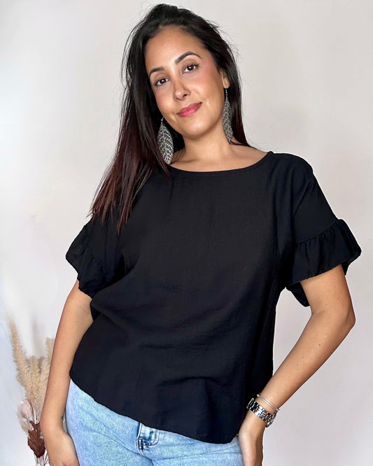Top Fluide à Manches Volantées - Noir