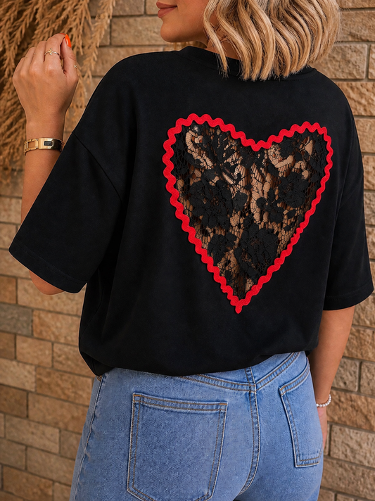 T-shirt Cœur Dentelle AMOUR - Noir