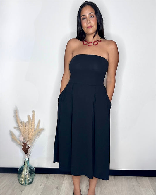 Robe Bustier Évasée à Poches - Noir Absolu