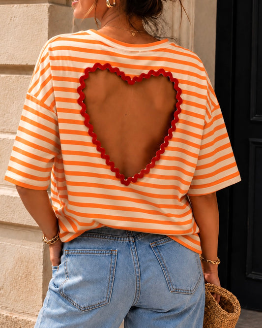 T-shirt Rayé Cœur SUNNY – Orange et Beige