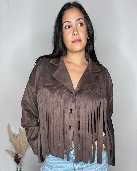 Veste en Suédine à Franges - Marron