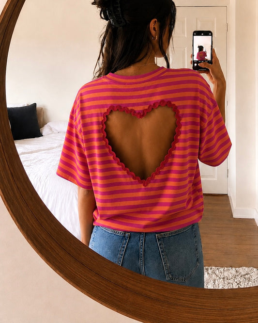 T-shirt Rayé Cœur SUNNY – Orange et Fuchsia