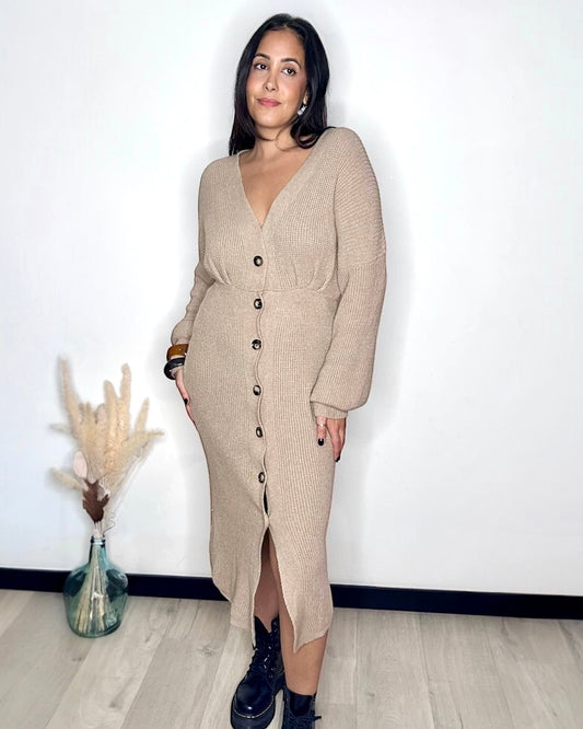 Robe Pull Longue Boutonnée - Beige Sablé