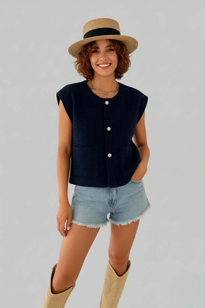 Gilet sans manches effet bouclé à bouton dorés