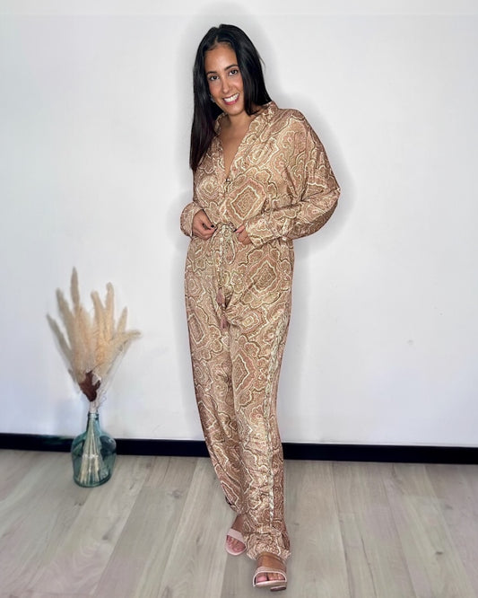 Combinaison en Soie Imprimé Cachemire - Beige & Rose Poudré