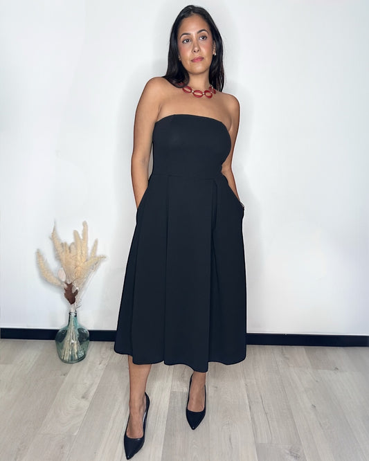Robe Bustier Évasée à Poches - Noir Absolu