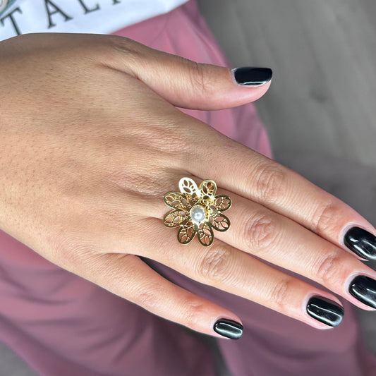 Bague Fleur Ajourée Discrète Or & Perle (Ajustable)