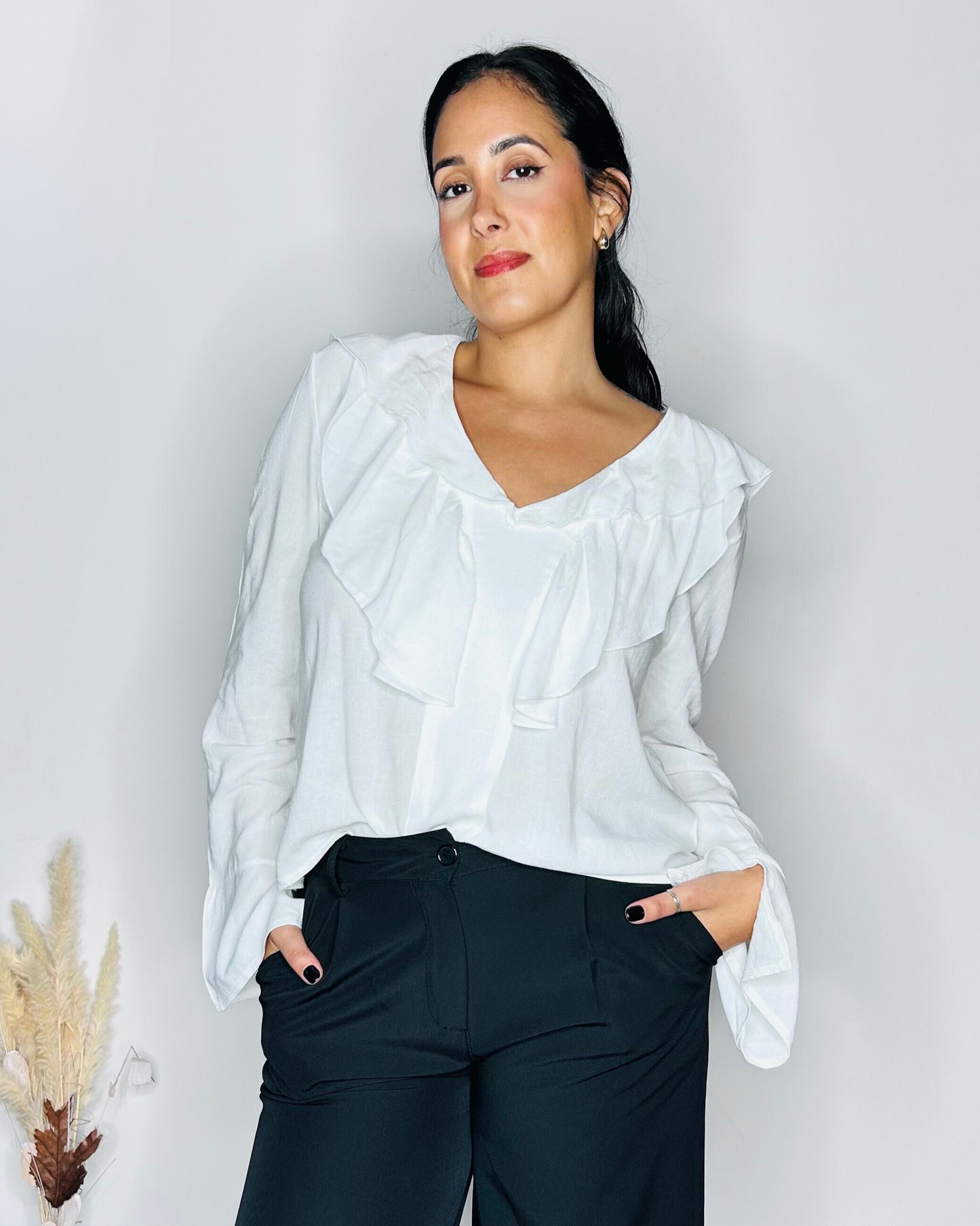 Blouse Fluide en Lin & Viscose à Volants - Blanc Pur