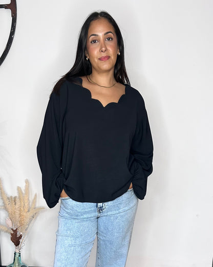 Blouse Fluide à Col Festonné - Noir Intense
