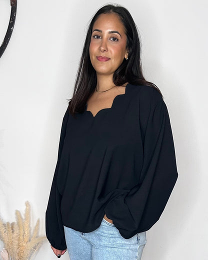 Blouse Fluide à Col Festonné - Noir Intense