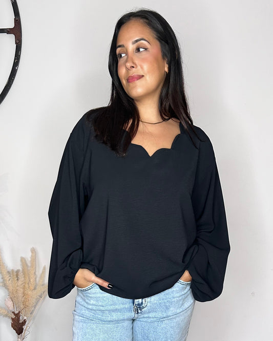 Blouse Fluide à Col Festonné - Noir Intense
