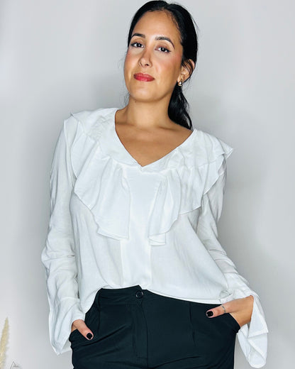 Blouse Fluide en Lin & Viscose à Volants - Blanc Pur