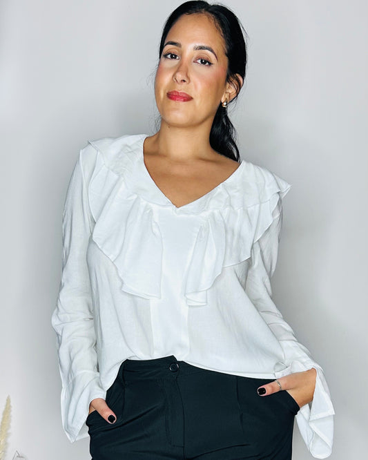 Blouse Fluide en Lin & Viscose à Volants - Blanc Pur