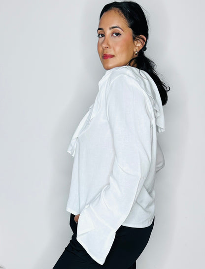 Blouse Fluide en Lin & Viscose à Volants - Blanc Pur