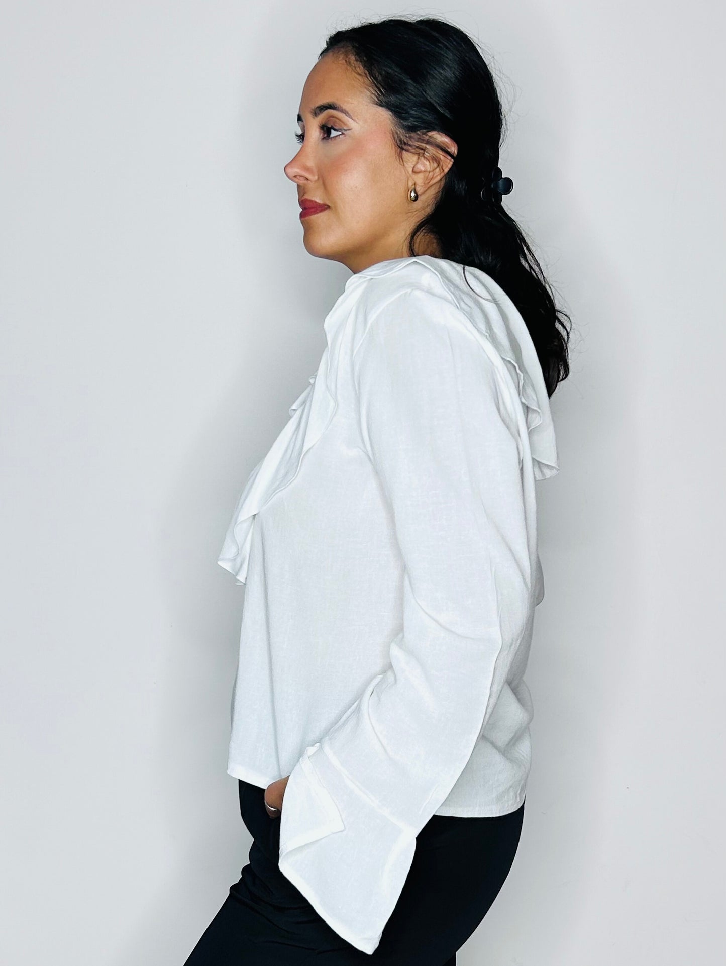 Blouse Fluide en Lin & Viscose à Volants - Blanc Pur