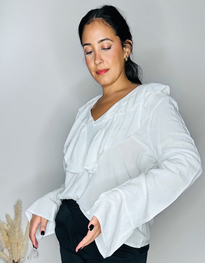 Blouse Fluide en Lin & Viscose à Volants - Blanc Pur