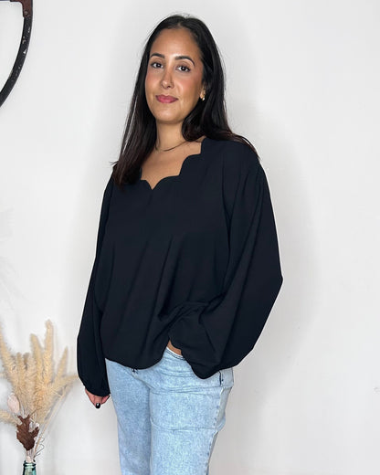 Blouse Fluide à Col Festonné - Noir Intense