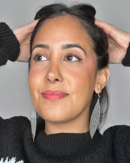 Boucles d'Oreilles Goutte Longue Structure Dentelée Argentée