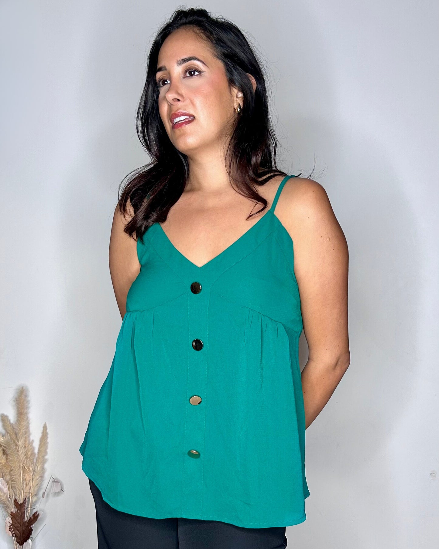 Caraco Fluide à Boutons Dorés - Vert Émeraude