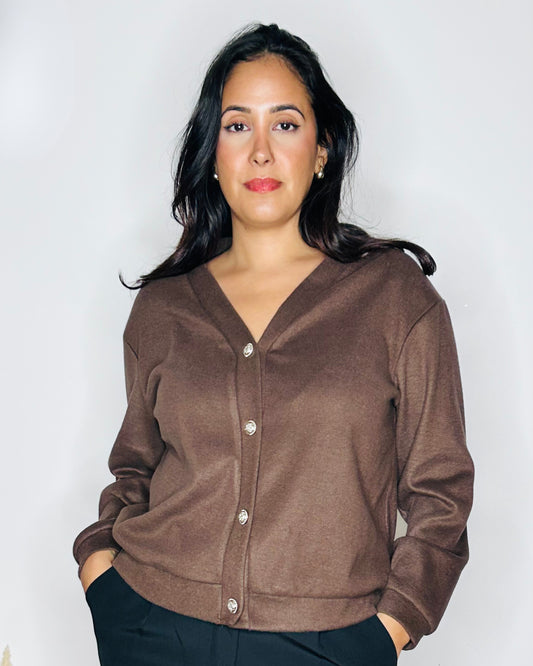 Cardigan Élégance à Boutons Bijoux - Marron Chocolat