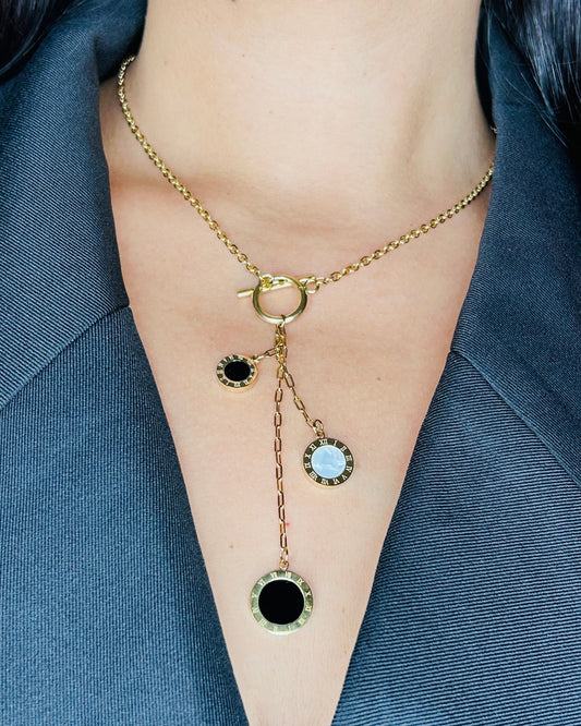 Collier Lariat Long Tendance Médaillons Acier Inoxydable Or