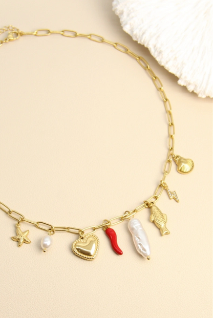Collier acier inoxydable – Chaîne maillons et pampilles marines