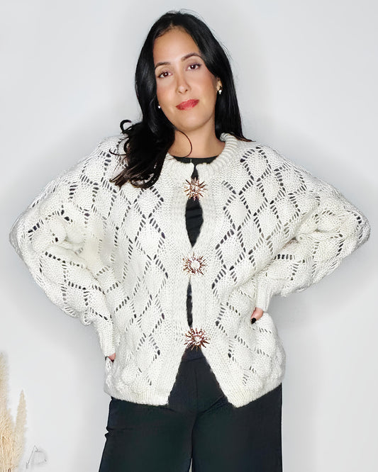 Gilet en Maille Ajourée & Mohair à Broches Soleil - Blanc Cassé