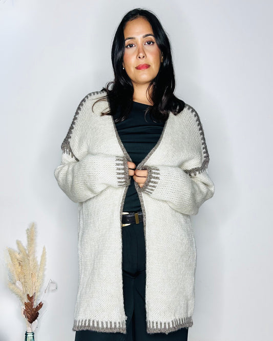 Gilet Long en Laine à Détails Crochetés - Écru & Taupe