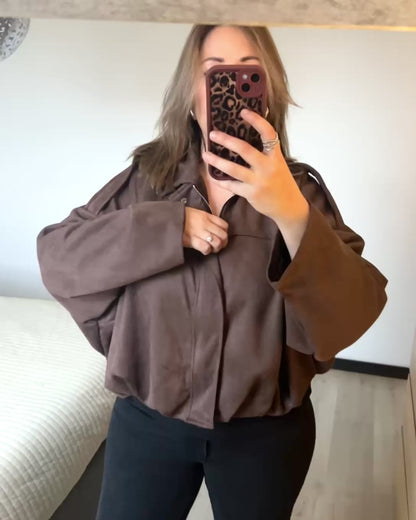 Bomber en Suédine à Col Chemise - Marron