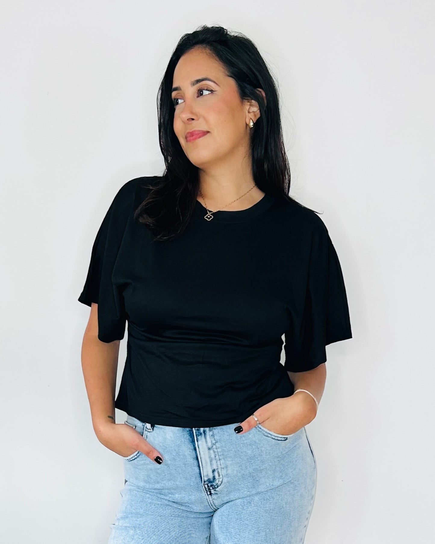 Top Cintré à Manches Évasées - Noir