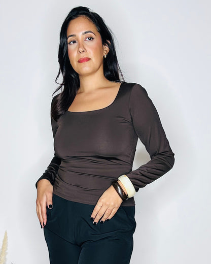 Top Ajusté à Col Carré - Marron Glacé