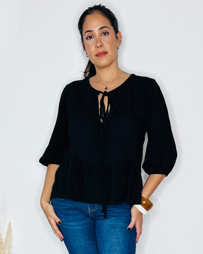 Top Fluide en Gaze de Coton - Noir