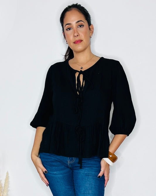 Top Fluide en Gaze de Coton - Noir