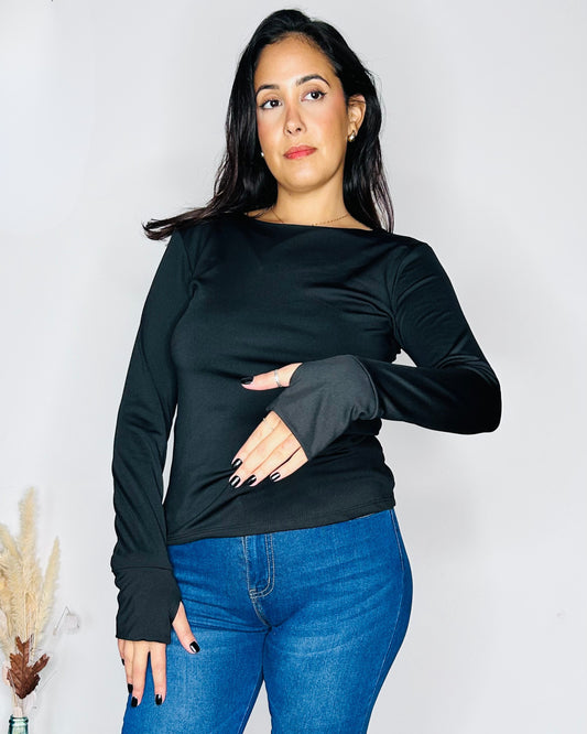 Top Ajusté à Manches Mitaines - Noir Intense